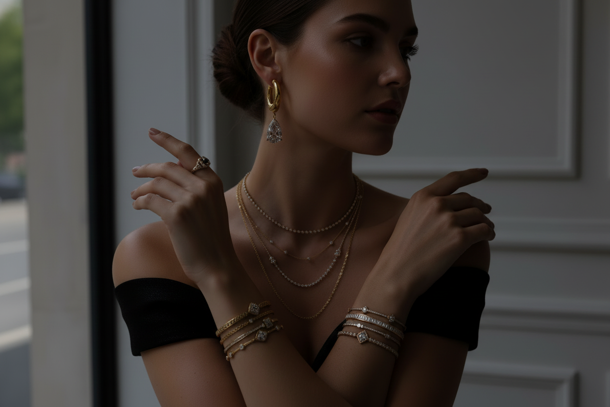 assombrit l'image et qu'elle porte une robe de soirée chic et élégante. Et qu'elle ne porte qu'un collier un bracelet, une bague et des boucles d'oreil